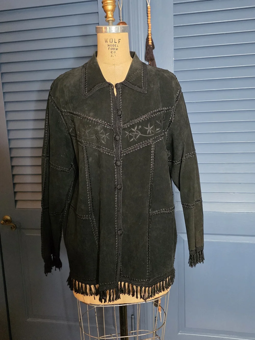 VTG Dressbarn Black Suede Leather Patchwork Western Fringe Jacket Boho 16W